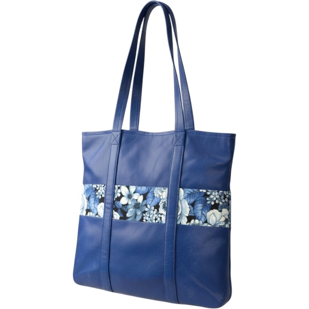 Vintage Handmade Pebble Leather Floral Tote Bag Blue Large Tapestry Trim